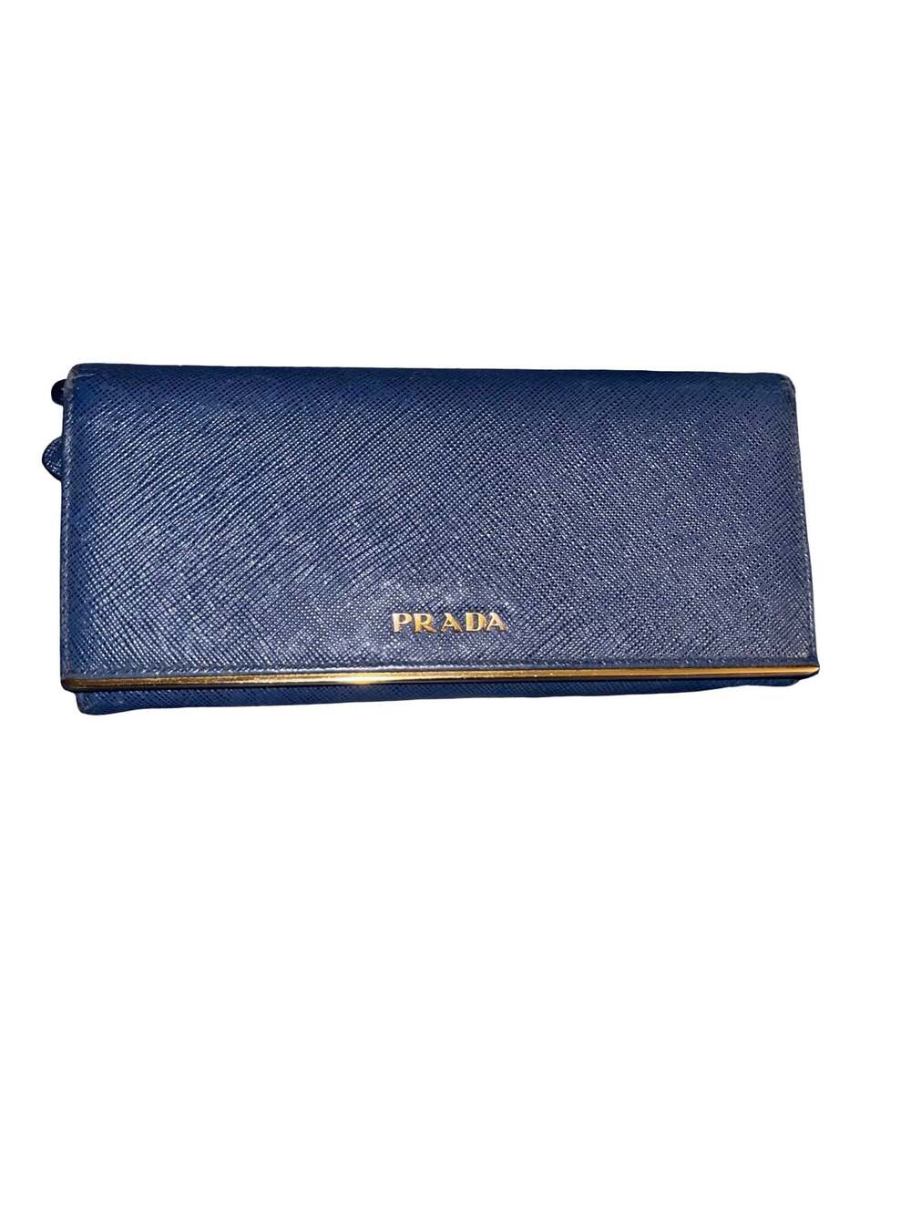 Prada Saffiano Leather Continental Flap Wallet with Metal Bar Detail Blue